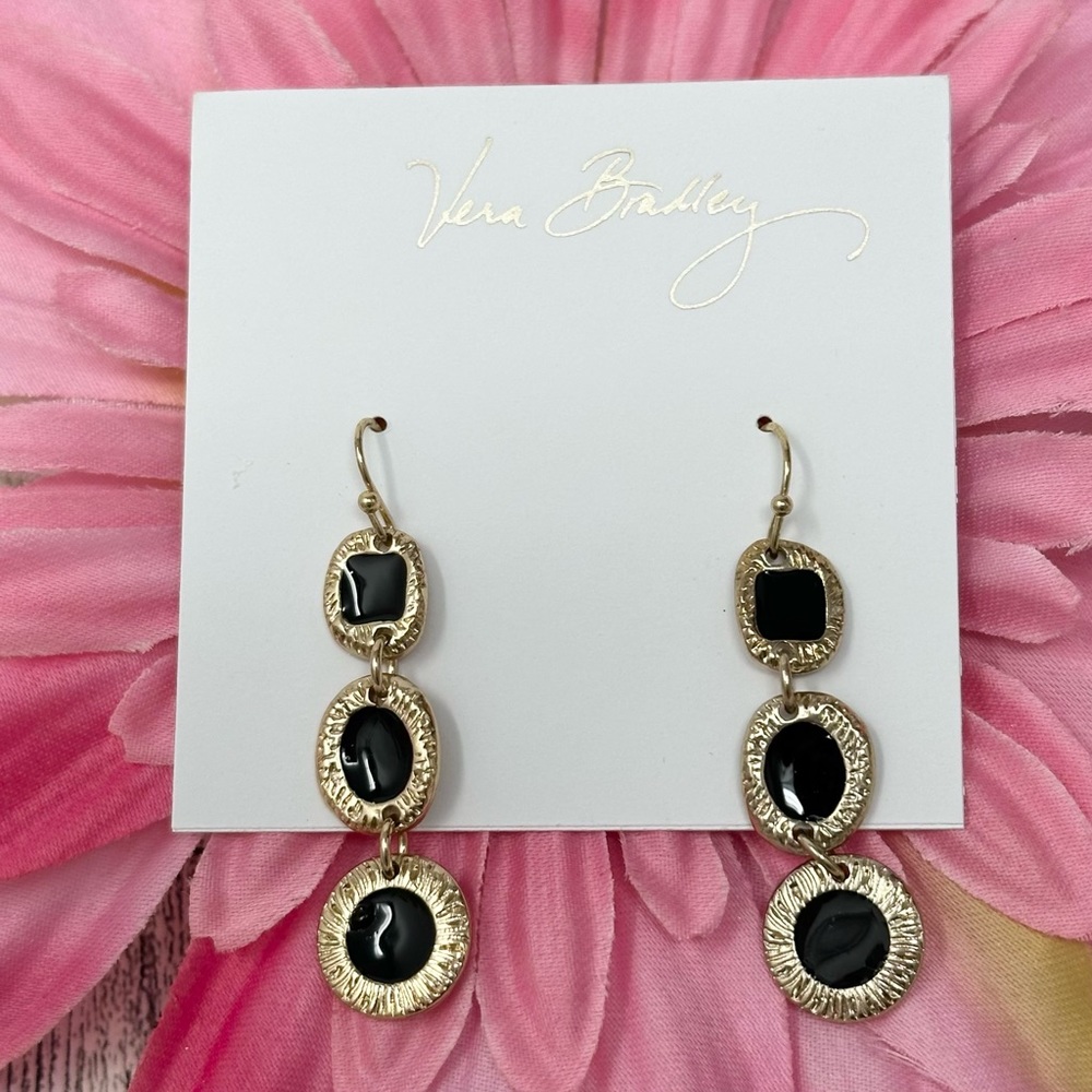 Vera Bradley Black Enamel Gold Tone Abstract Disk Dangle Earrings - Picture 1 of 3